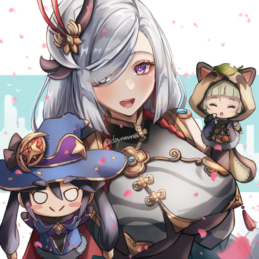 mona, shenhe, and sayu (genshin impact) drawn by nanamo_yado