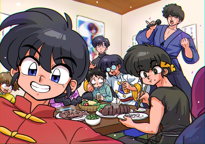 saotome ranma, hibiki ryouga, mousse, kunou tatewaki, gosunkugi hikaru, and 3 more (ranma 1/2) drawn by wanta_(futoshi)