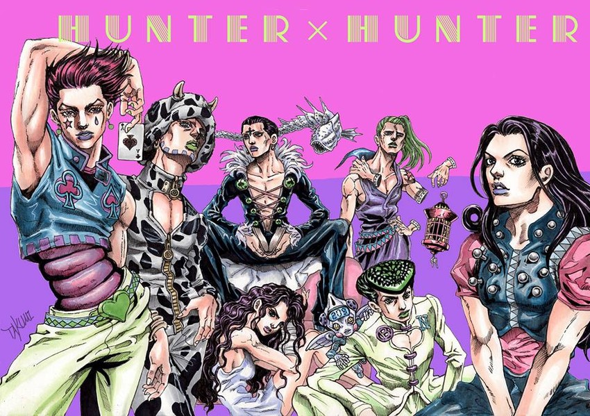 hisoka morow, chrollo lucilfer, illumi zoldyck, knuckle bine, shoot mcmahon, and 3 more (jojo no kimyou na bouken and 1 more) drawn by takumi_(marlboro)