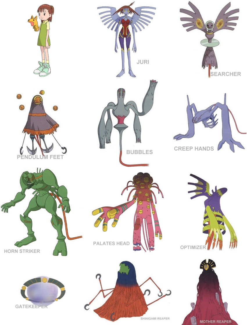 katou juri, d-reaper, d-reaper adr-01, mother d-reaper, d-reaper adr-09, and 8 more (digimon and 1 more)