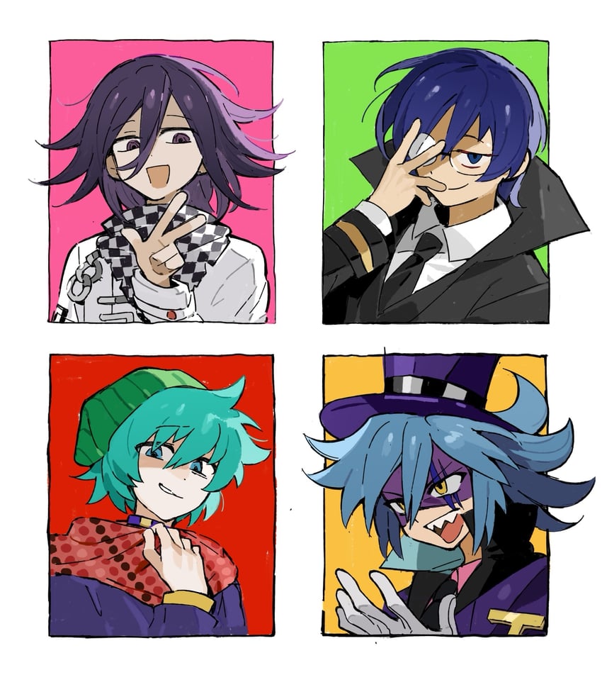 oma kokichi, hiyori sou, shadow joker, and black doctor (danganronpa and 4 more) drawn by xianlitimitochondria