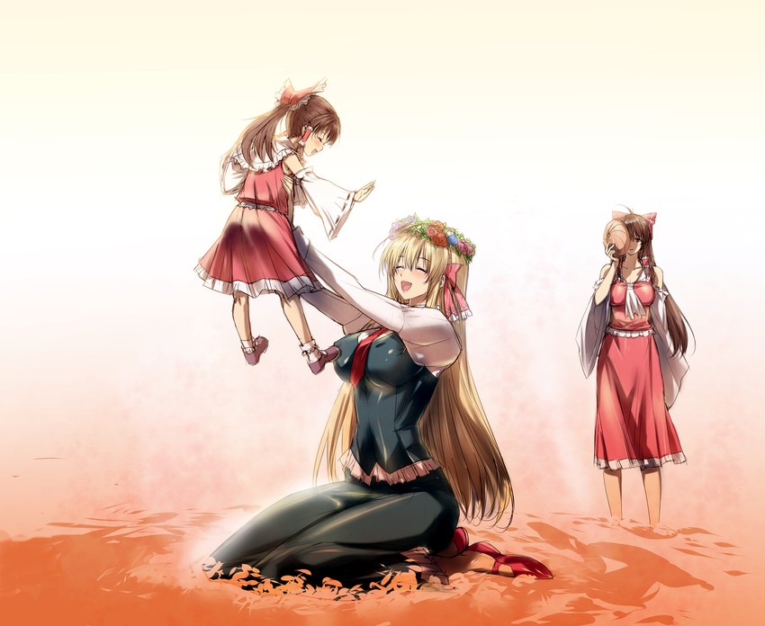 hakurei reimu, rumia, and sendai hakurei no miko (original and 3 more) drawn by q_azieru