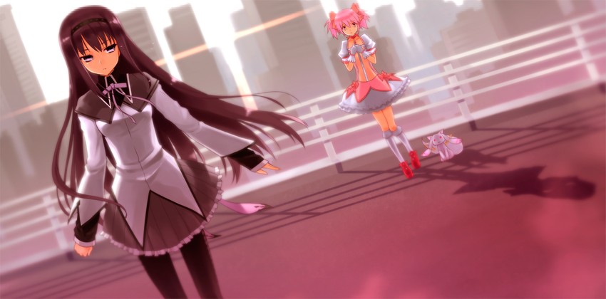 akemi homura, kaname madoka, and kyubey (mahou shoujo madoka magica) drawn by prime_(prime_tw)