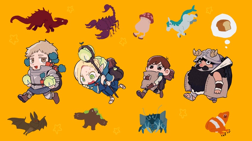 marcille donato, laios touden, senshi, chilchuck tims, and walking mushroom (dungeon meshi) drawn by skziman