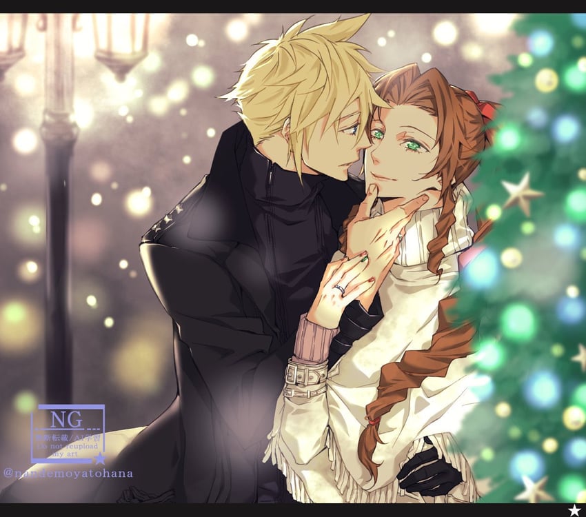 cloud strife and aerith gainsborough (final fantasy and 1 more) drawn by akatsuki_jam