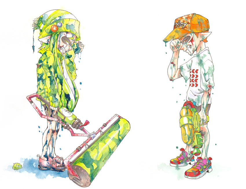 inkling player character, inkling girl, and inkling boy (splatoon and 1 more) drawn by kumichou_(kuroitsubasakt)
