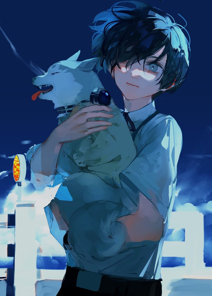 yuuki makoto and koromaru (persona and 1 more) drawn by syokuuuuuuuuumura