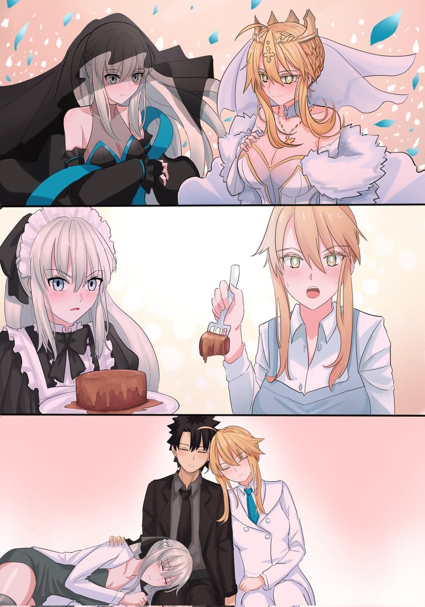artoria pendragon, fujimaru ritsuka, morgan le fay, and lion king (fate and 1 more) drawn by longdq3008
