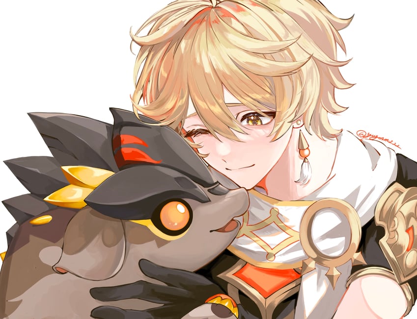 aether, tepetlisaurus, and little one (genshin impact) drawn by yugonm222