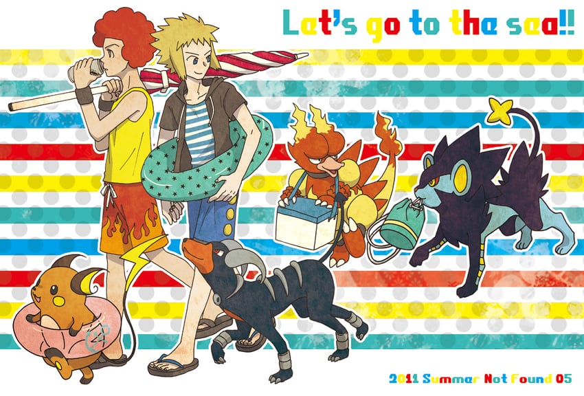 raichu, houndoom, luxray, volkner, flint, and 1 more (pokemon and 1 more) drawn by matsuda65