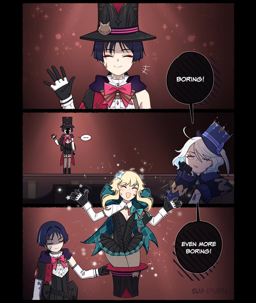 lumine, scaramouche, furina, wanderer, lynette, and 1 more (genshin impact) drawn by kakaolikeslegs