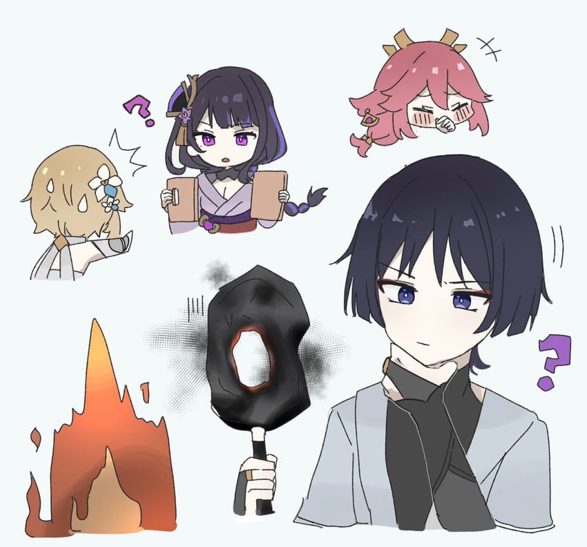 lumine, raiden shogun, scaramouche, yae miko, and wanderer (genshin impact) drawn by kuromu_shado