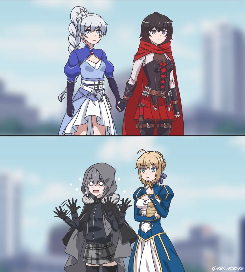 artoria pendragon, saber, ruby rose, weiss schnee, and gray (fate and 3 more) drawn by gardavwar