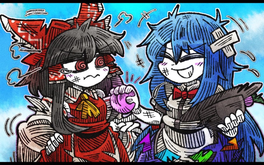 hakurei reimu and hinanawi tenshi (touhou) drawn by suenari_(peace)