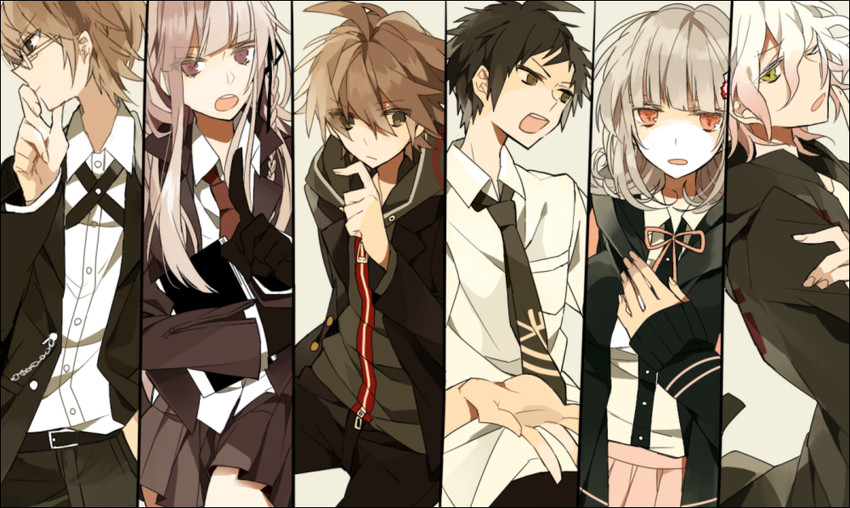 nanami chiaki, komaeda nagito, hinata hajime, kirigiri kyoko, naegi makoto, and 1 more (danganronpa and 3 more) drawn by akina422