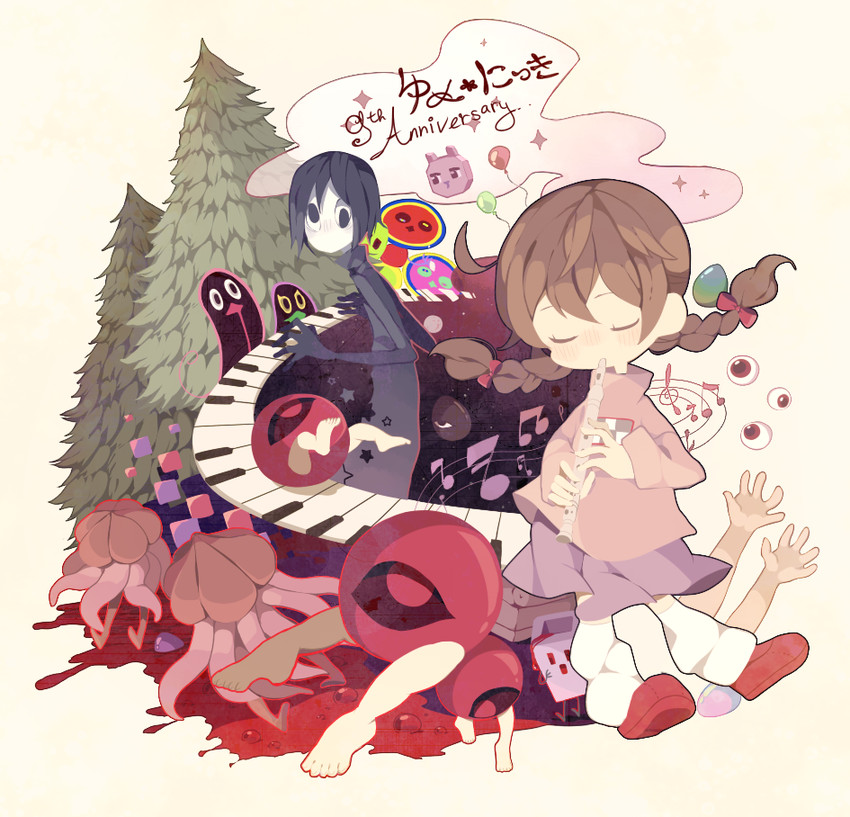 madotsuki, sekomumasada sensei, tokuto-kun, jellyfish, wheelie, and 2 more (yume nikki) drawn by sakurakunet