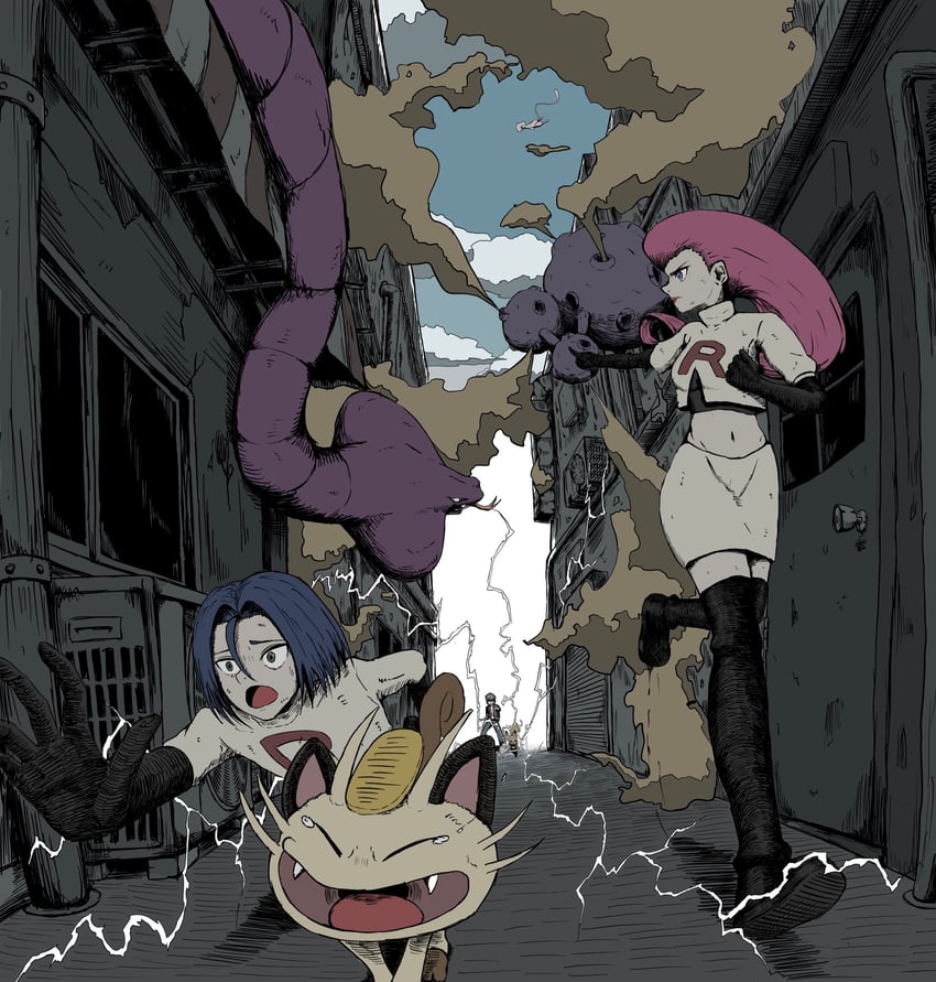 pikachu, red, jessie, james, meowth, and 2 more (pokemon and 1 more) drawn by sadaie_kun_e