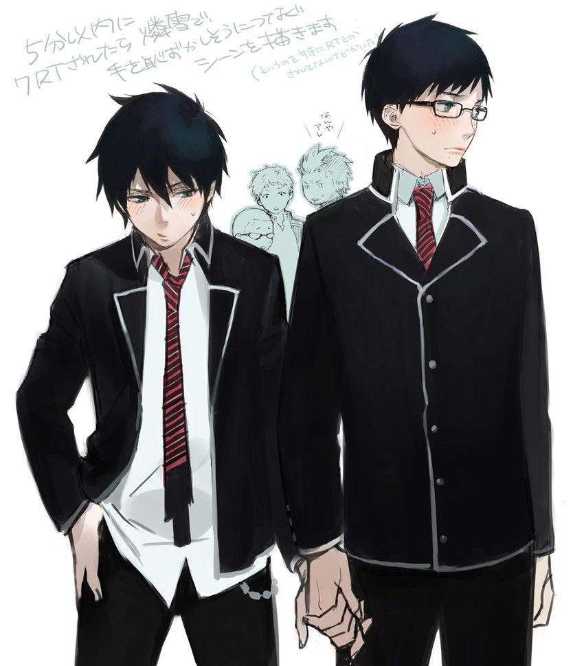 okumura rin, okumura yukio, shima renzou, suguro ryuuji, and miwa konekomaru (ao no exorcist) drawn by naoko_(naonocoto)