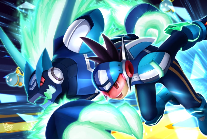 star force mega man, omega-xis, and hertz (mega man and 2 more) drawn by flamestream