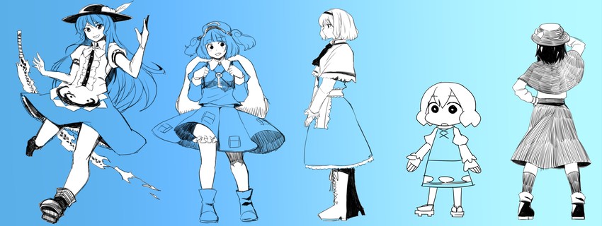 alice margatroid, tatara kogasa, kawashiro nitori, hinanawi tenshi, and usami renko (touhou) drawn by yokohachi