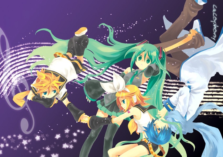 hatsune miku, kagamine rin, kagamine len, and kaito (vocaloid) drawn by yukinell