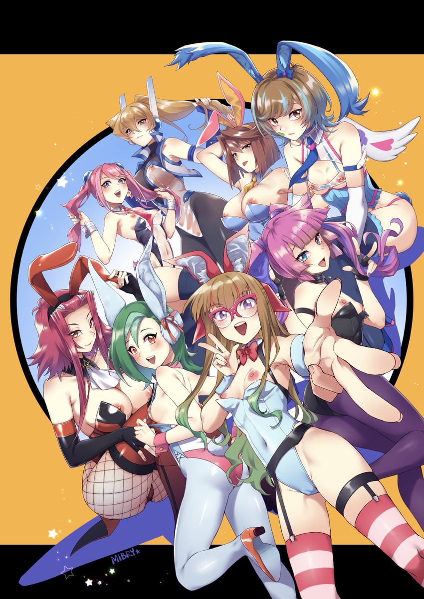 tenjouin asuka, izayoi aki, hiiragi yuzu, mazaki anzu, zaizen aoi, and 3 more (yu-gi-oh! and 8 more) drawn by mibry_(phrysm)