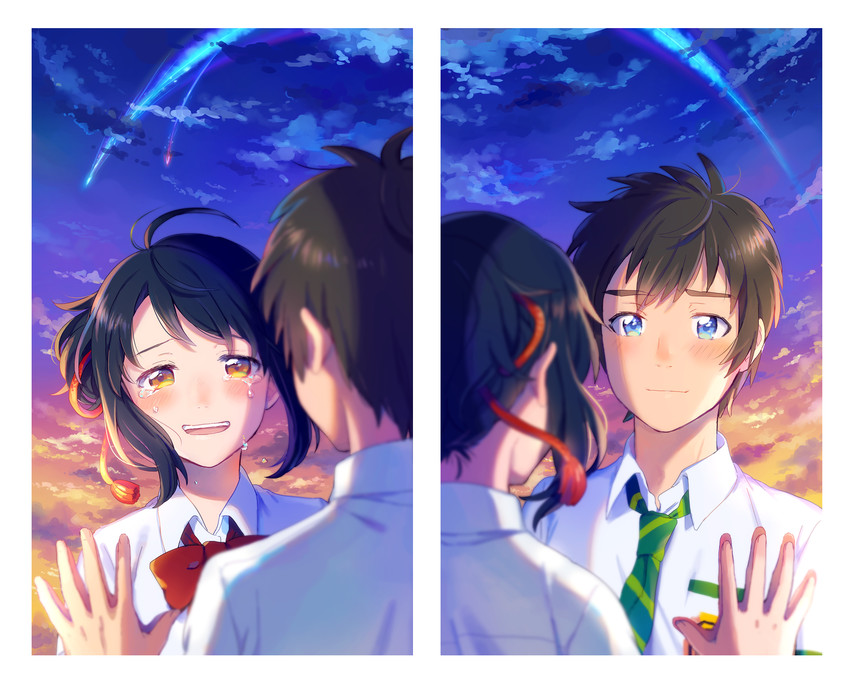 miyamizu mitsuha and tachibana taki (kimi no na wa.) drawn by fuji_fujino