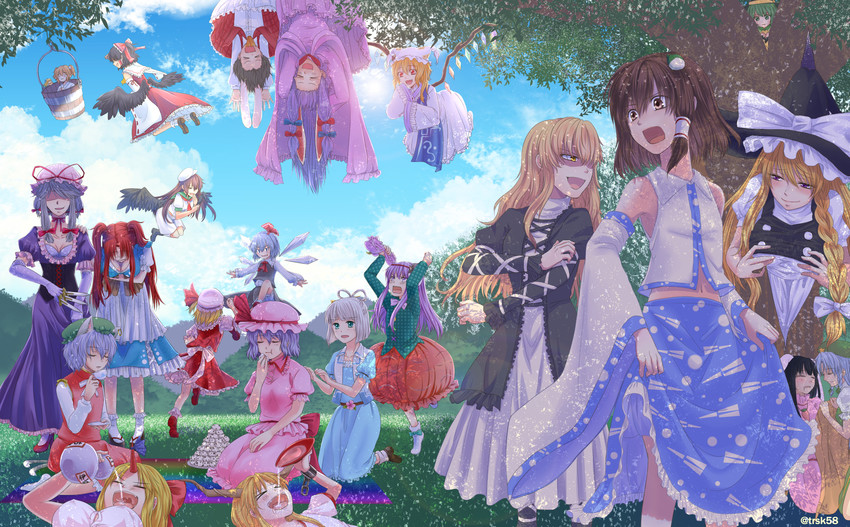hakurei reimu, kirisame marisa, remilia scarlet, flandre scarlet, izayoi sakuya, and 28 more (touhou) drawn by tarosuke_(oriya)