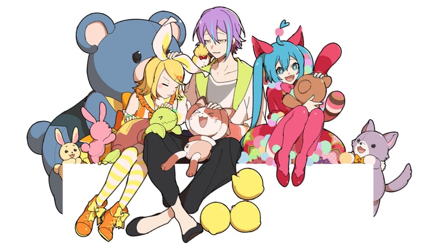 hatsune miku, kagamine rin, kamishiro rui, wonderlands x showtime miku, and wonderlands x showtime rin (vocaloid and 1 more) drawn by ovexxxxx