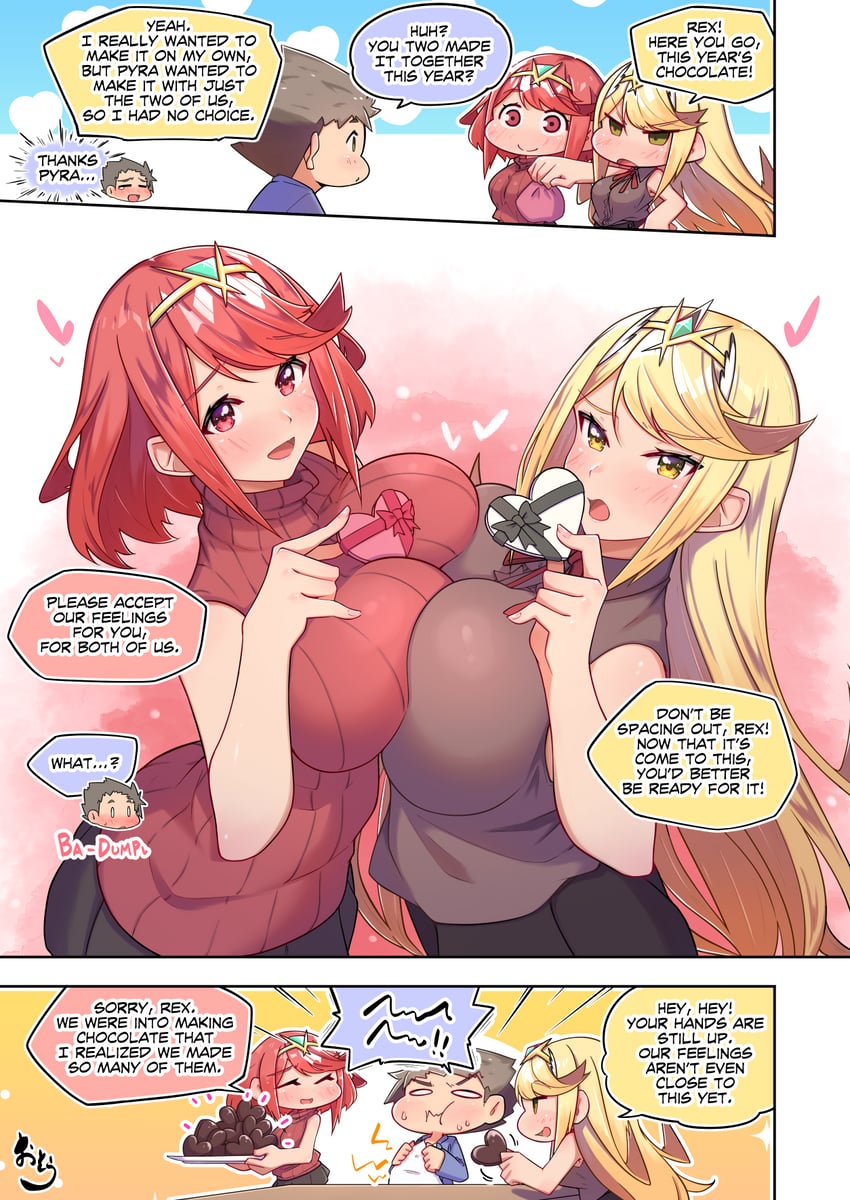pyra, mythra, and rex (xenoblade chronicles and 1 more) drawn by osora_(judithandlilith)
