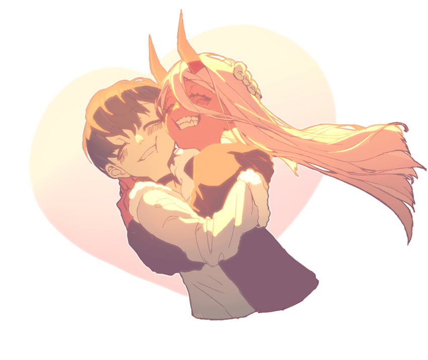 zero two and hiro (darling in the franxx) drawn by kuzudon
