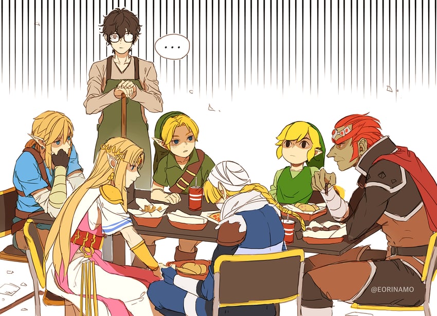 link, princess zelda, amamiya ren, toon link, ganondorf, and 2 more (persona and 10 more) drawn by eorinamo