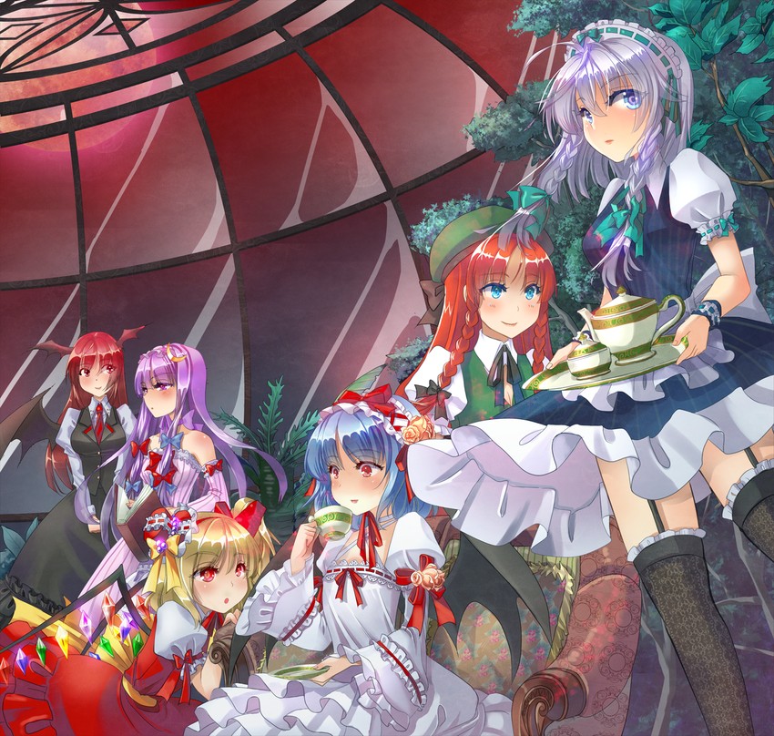 remilia scarlet, flandre scarlet, izayoi sakuya, patchouli knowledge, hong meiling, and 1 more (touhou) drawn by mimika_(puetilun)