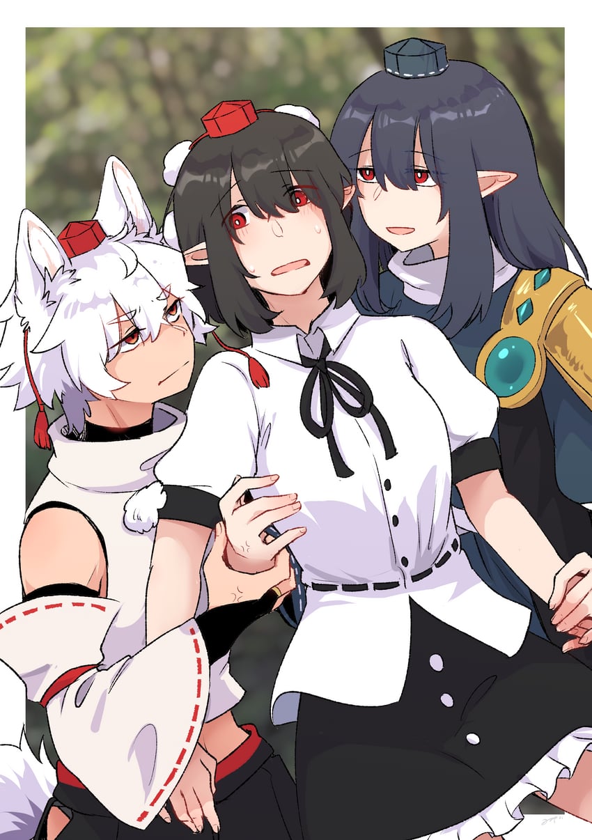 shameimaru aya, inubashiri momiji, and iizunamaru megumu (touhou) drawn by min.k