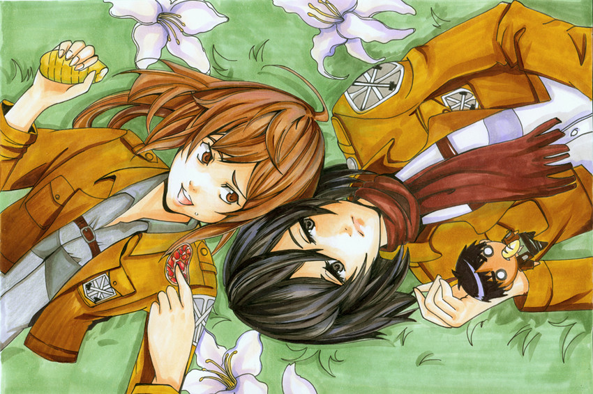 mikasa ackerman, eren yeager, and sasha blouse (shingeki no kyojin) drawn by rikkulover