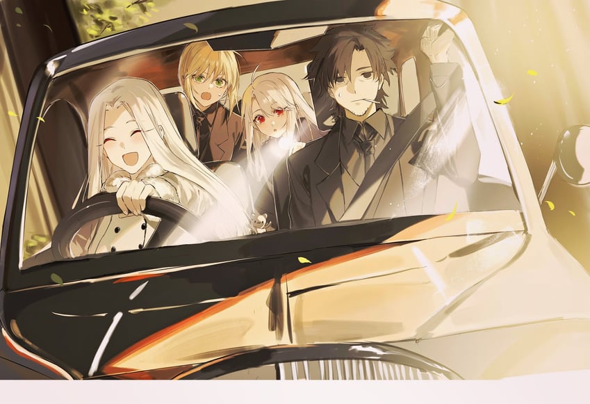 artoria pendragon, saber, illyasviel von einzbern, emiya kiritsugu, and irisviel von einzbern (fate and 2 more) drawn by bsq