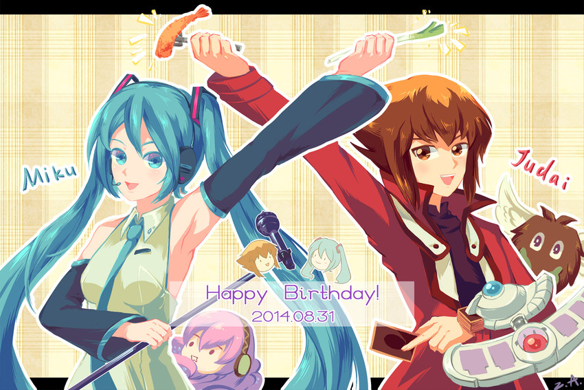 hatsune miku, megurine luka, yuki judai, takoluka, and winged kuriboh (vocaloid and 2 more) drawn by li_jing