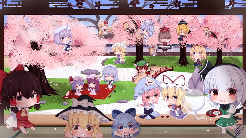 hakurei reimu, kirisame marisa, remilia scarlet, izayoi sakuya, konpaku youmu, and 13 more (touhou and 2 more) drawn by ibuibuyou