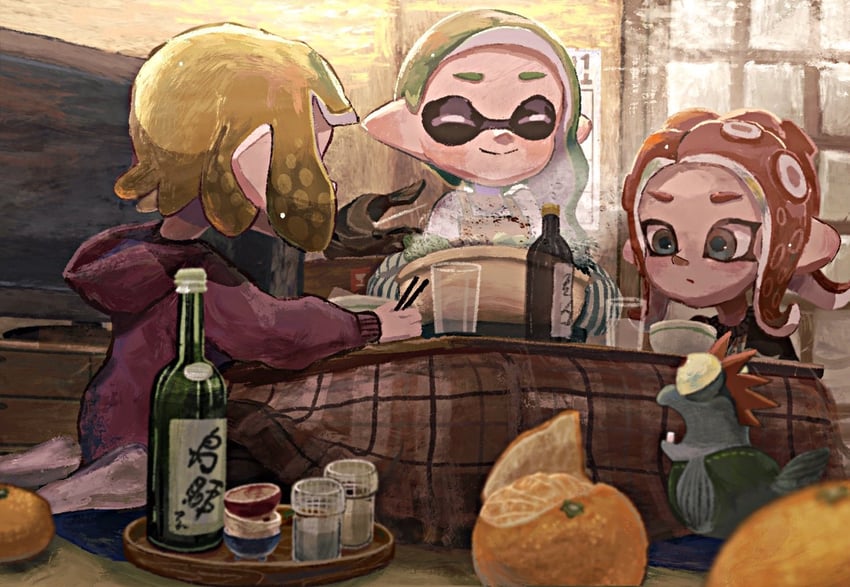 inkling player character, inkling girl, octoling player character, octoling girl, smallfry, and 1 more (splatoon and 1 more) drawn by ikura_tuna