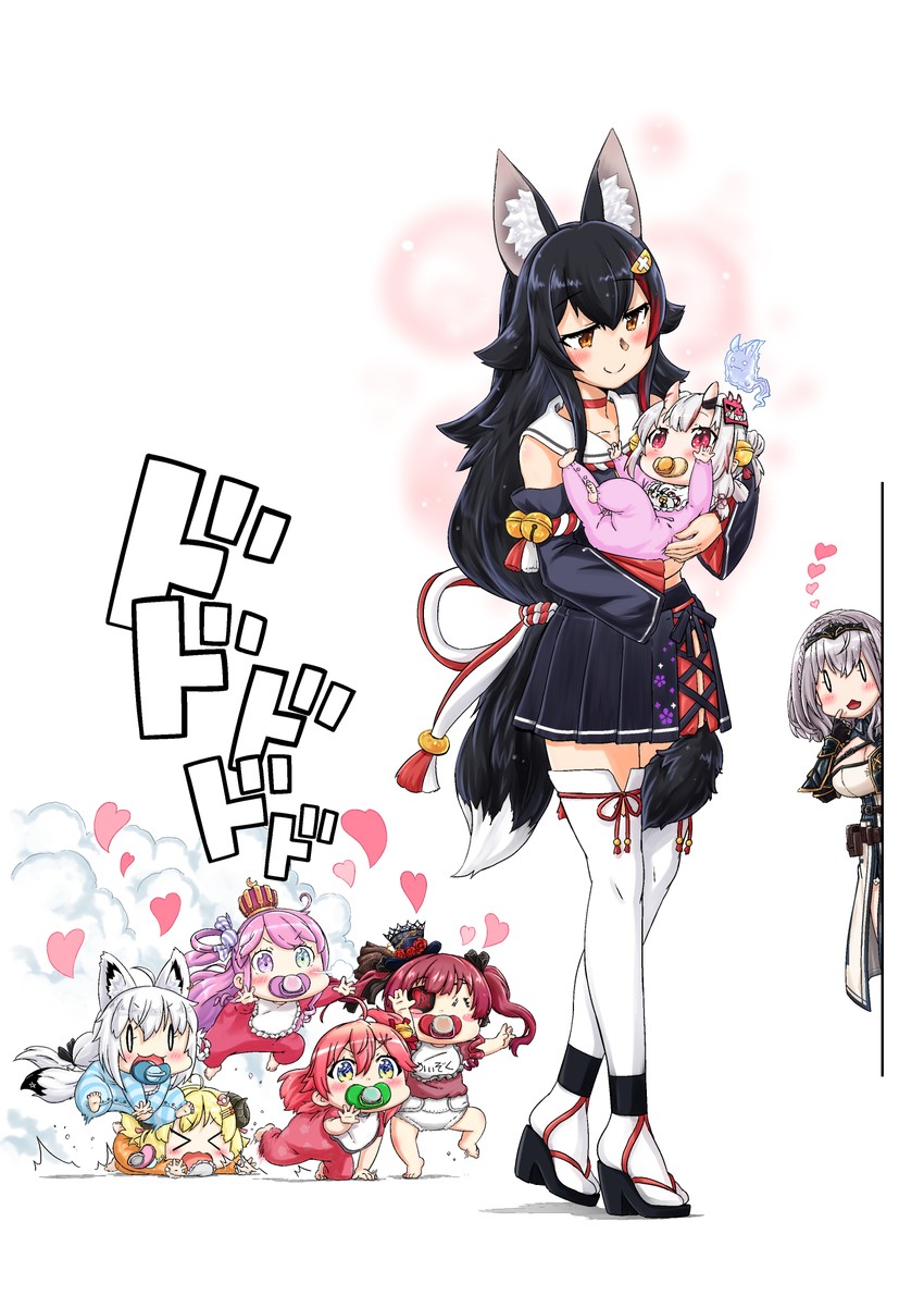 houshou marine, shirakami fubuki, sakura miko, ookami mio, shirogane noel, and 3 more (hololive) drawn by moroyan