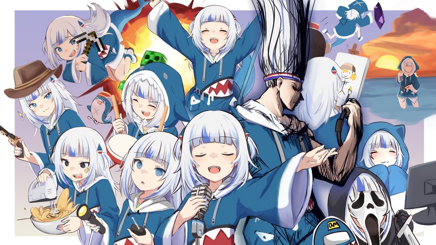 gawr gura, watson amelia, bloop, creeper, and ghostface (hololive and 12 more) drawn by klaius