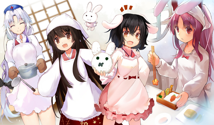 reisen udongein inaba, houraisan kaguya, inaba tewi, and yagokoro eirin (touhou) drawn by efe