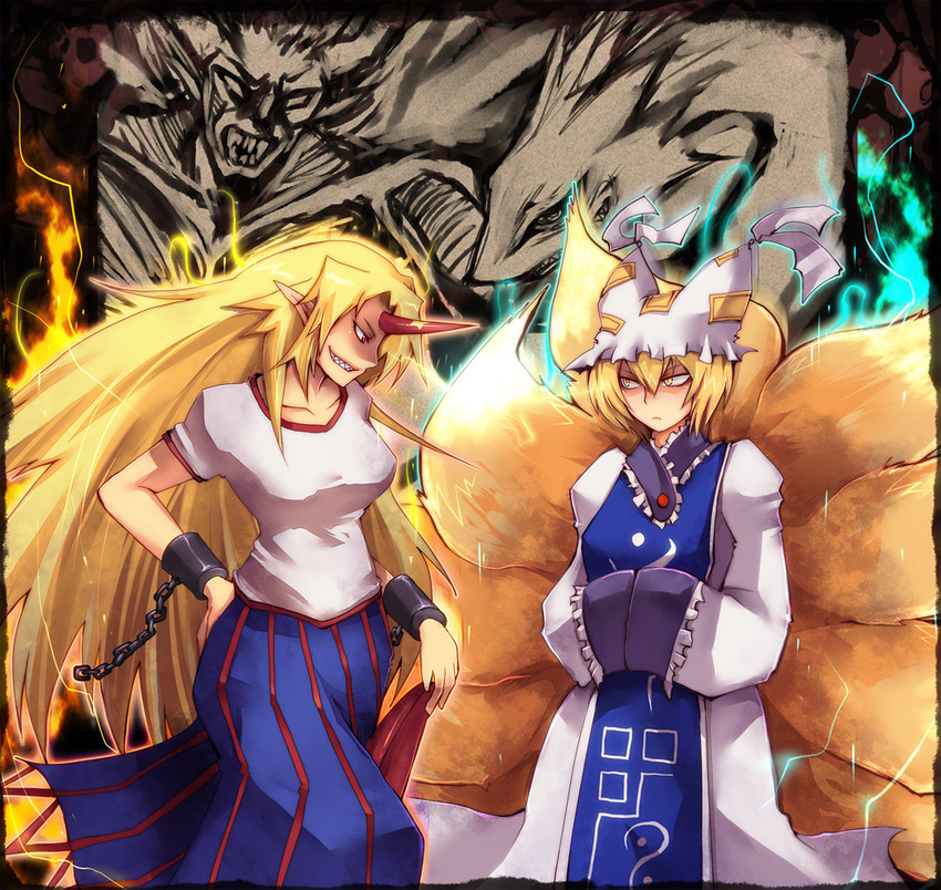 yakumo ran, hoshiguma yuugi, and hakumen no mono (touhou and 2 more) drawn by emon-yu