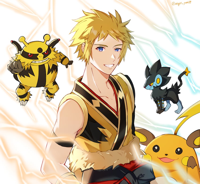 raichu, luxray, electivire, and volkner (pokemon and 1 more) drawn by onigiri_yumi09
