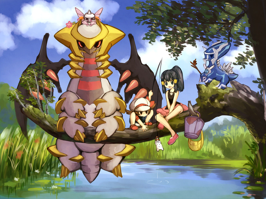 dawn, lyra, giratina, dialga, and palkia (pokemon and 3 more) drawn by kabocha_torute