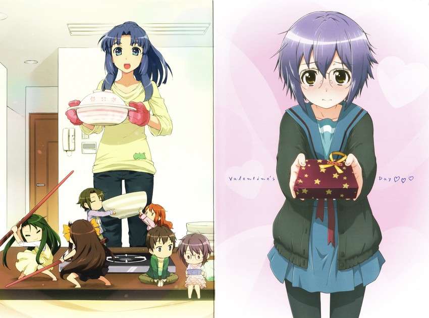 suzumiya haruhi, nagato yuki, asahina mikuru, kyon, asakura ryoko, and 2 more (suzumiya haruhi no yuuutsu and 2 more)
