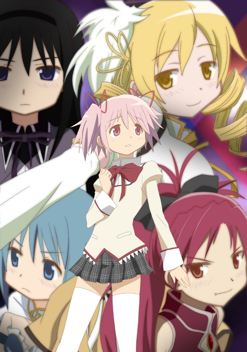akemi homura, kaname madoka, miki sayaka, sakura kyoko, and tomoe mami (mahou shoujo madoka magica) drawn by watarui