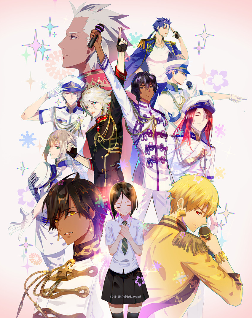 gilgamesh, cu chulainn, archer, waver velvet, karna, and 6 more (fate and 2 more) drawn by weed_(astarone)