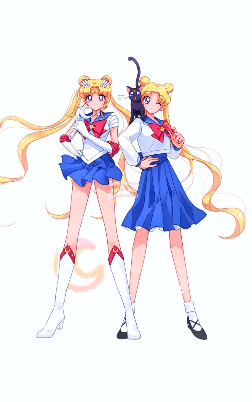 tsukino usagi, sailor moon, and luna (bishoujo senshi sailor moon) drawn by namisonpictures