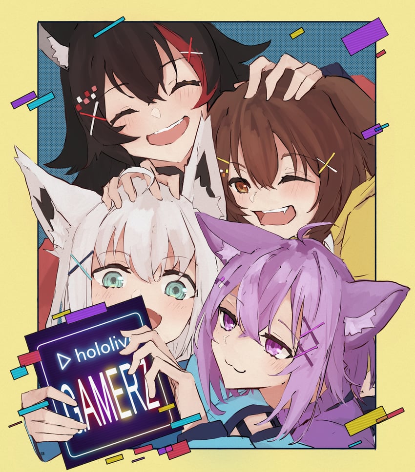 shirakami fubuki, nekomata okayu, ookami mio, and inugami korone (hololive) drawn by sabamiso113